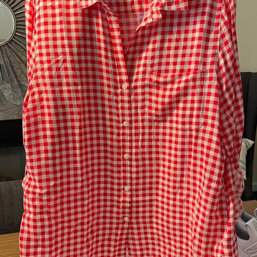 Velvet Heart Red silky Gingham woman’s Shirt with pocket button up sleeves